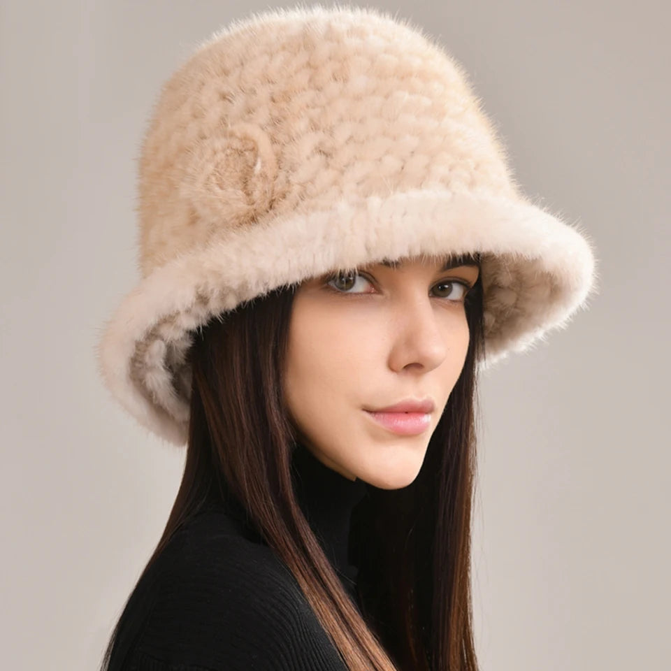 Woman Hat Winter Solid Mink Caps With Flower Natural Mink Fur Hats New Russian Girl Soft Knitting Real Fur Bucket Hats 2026 Warm