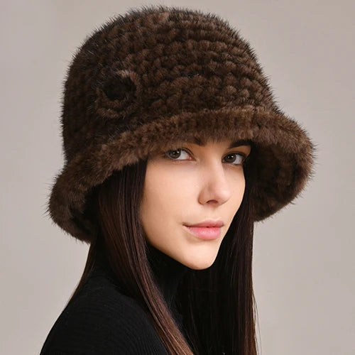 Woman Hat Winter Solid Mink Caps With Flower Natural Mink Fur Hats New Russian Girl Soft Knitting Real Fur Bucket Hats 2026 Warm