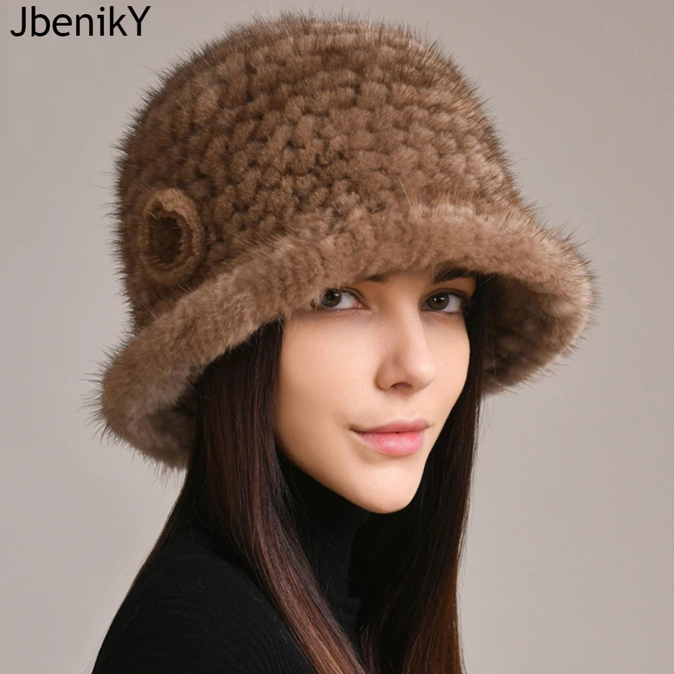 Woman Hat Winter Solid Mink Caps With Flower Natural Mink Fur Hats New Russian Girl Soft Knitting Real Fur Bucket Hats 2026 Warm