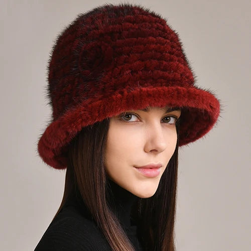 Woman Hat Winter Solid Mink Caps With Flower Natural Mink Fur Hats New Russian Girl Soft Knitting Real Fur Bucket Hats 2026 Warm
