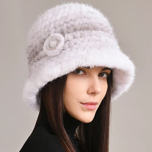 Woman Hat Winter Solid Mink Caps With Flower Natural Mink Fur Hats New Russian Girl Soft Knitting Real Fur Bucket Hats 2026 Warm