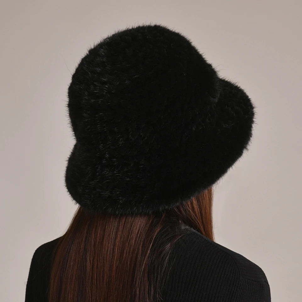 Woman Hat Winter Solid Mink Caps With Flower Natural Mink Fur Hats New Russian Girl Soft Knitting Real Fur Bucket Hats 2026 Warm