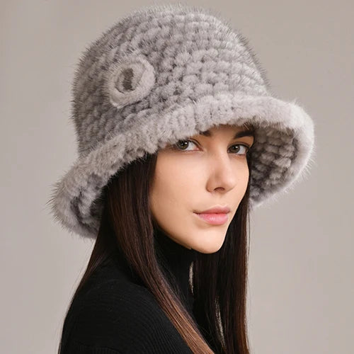 Woman Hat Winter Solid Mink Caps With Flower Natural Mink Fur Hats New Russian Girl Soft Knitting Real Fur Bucket Hats 2026 Warm