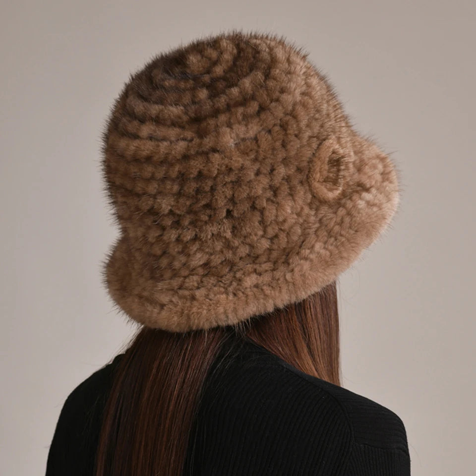 Woman Hat Winter Solid Mink Caps With Flower Natural Mink Fur Hats New Russian Girl Soft Knitting Real Fur Bucket Hats 2026 Warm
