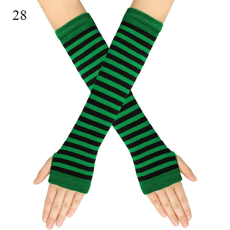 Winter Warm Long Gloves For Women Men Knitted Fingerless Elbow Gloves Red Striped Hip-Hop Mittens Outdoor Elastic Arm warmer