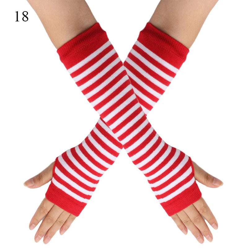 Winter Warm Long Gloves For Women Men Knitted Fingerless Elbow Gloves Red Striped Hip-Hop Mittens Outdoor Elastic Arm warmer