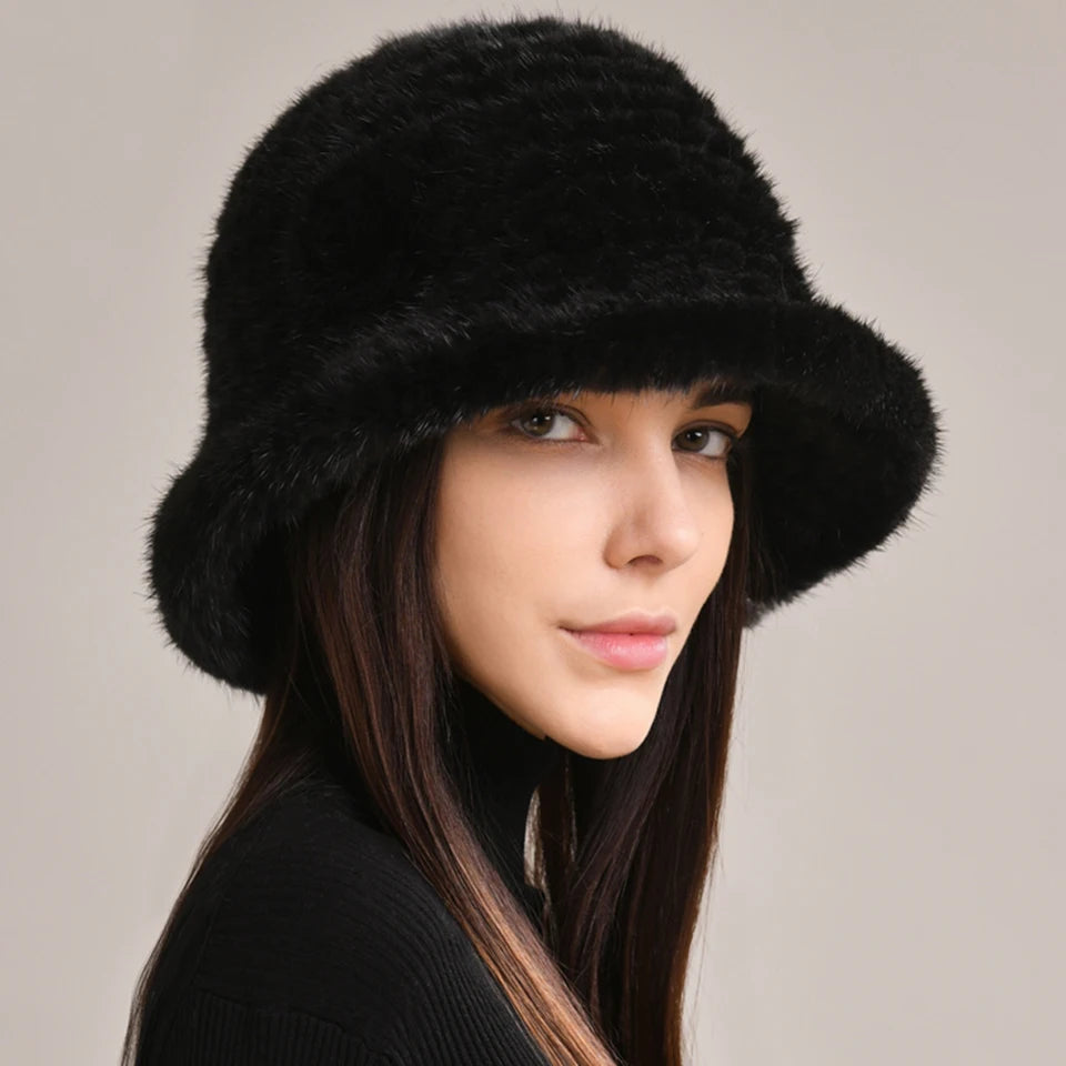 Woman Hat Winter Solid Mink Caps With Flower Natural Mink Fur Hats New Russian Girl Soft Knitting Real Fur Bucket Hats 2026 Warm
